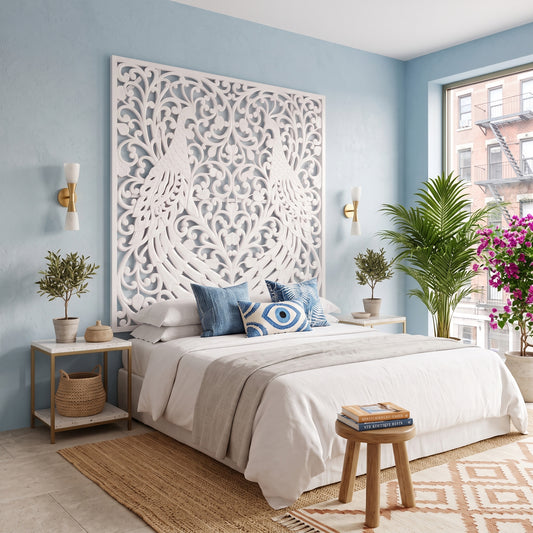 Carved Bed Headboard "Peacock" - White
