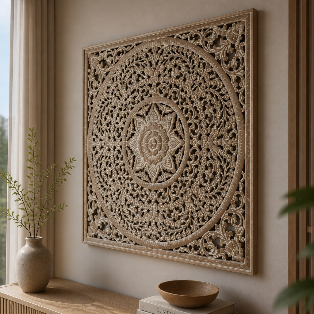 Carved Decorative Panel "Peony" - Antic Wash - 110 x 110 cm