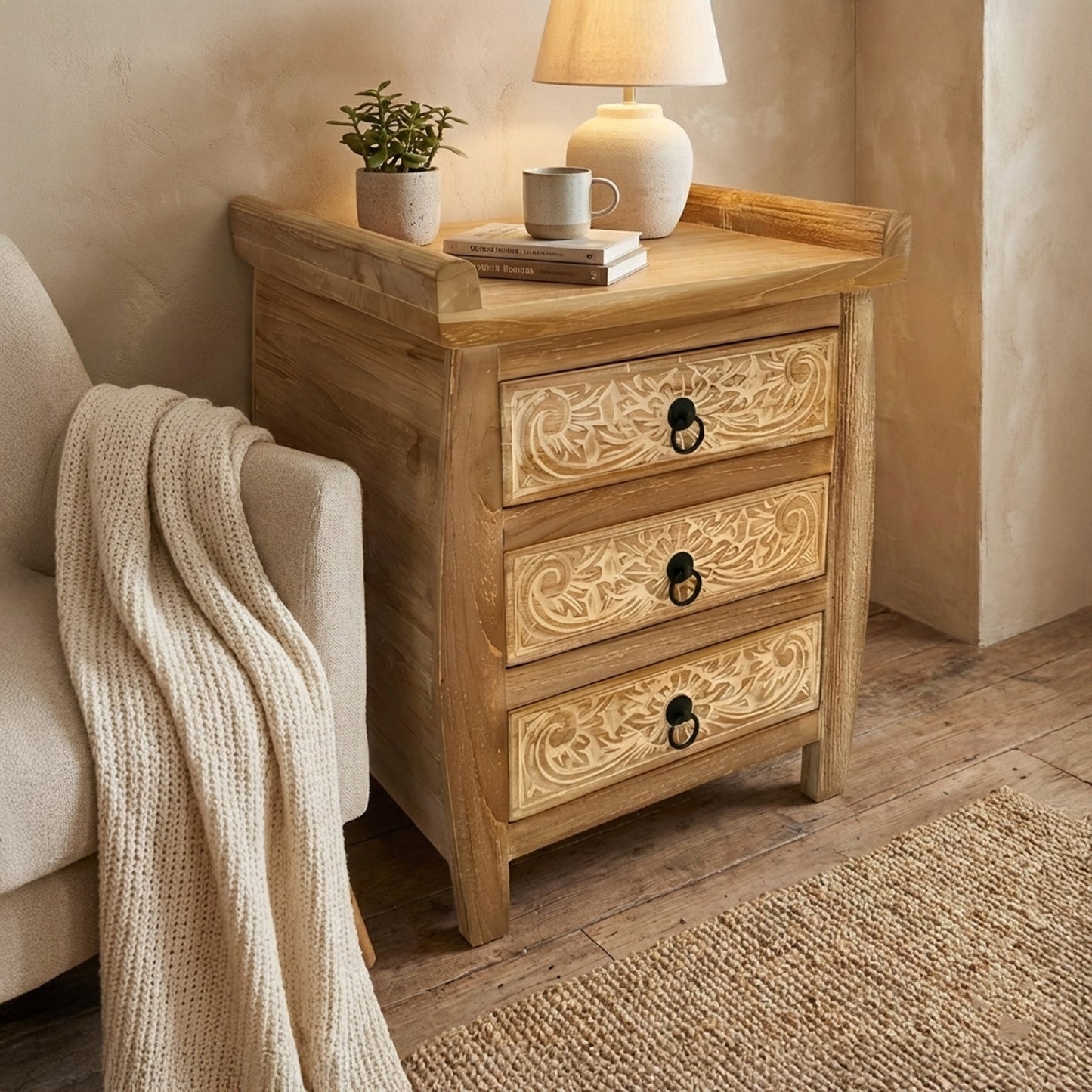 Carved Bedside Table 'Puspita' - White Wash