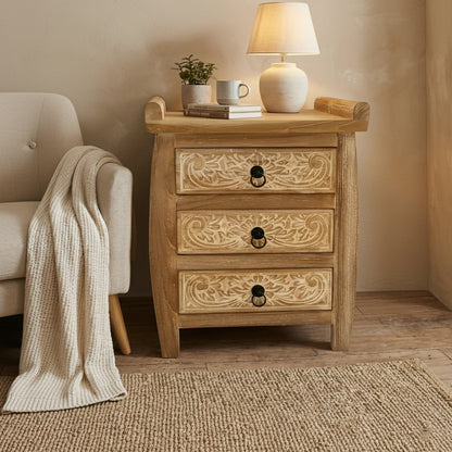 Carved Bedside Table 'Puspita' - White Wash