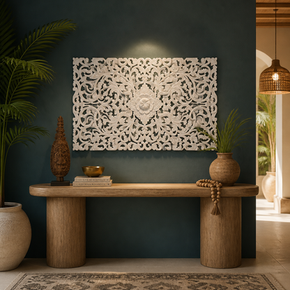 Carved Decorative Panel "Restu" - White & Green - 100 x 60 cm