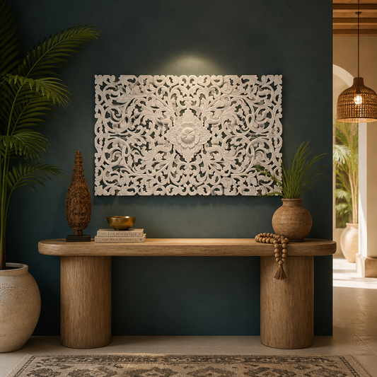 Carved Decorative Panel "Restu" - White & Green - 100 x 60 cm