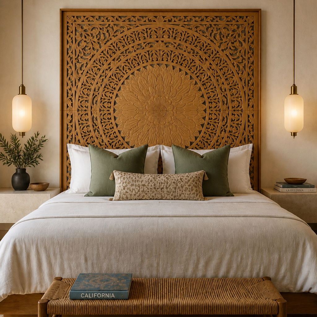 Carved Full Bed Headboard "Seruni" in Natural Brown