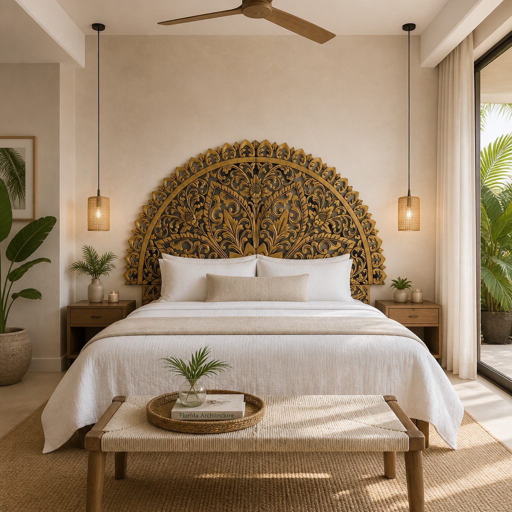 Hand-Carved Half-Moon Mandala Bed Headboard “Serupa” – Gold Antique