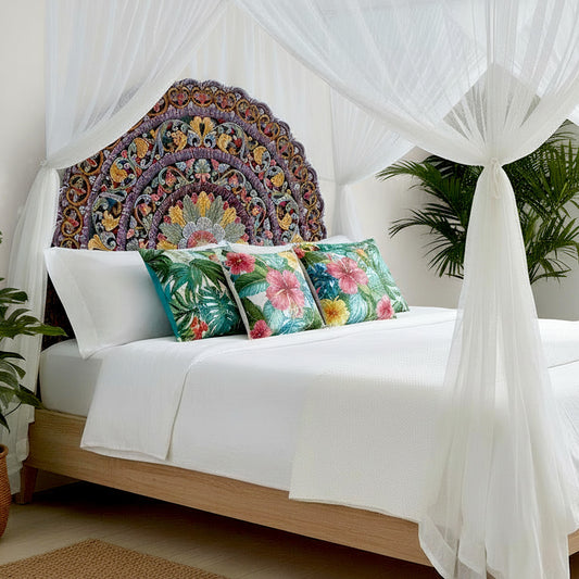 Hand Carved Half-moon Mandala Bed headboard - 'Sri' in Multi Color Red