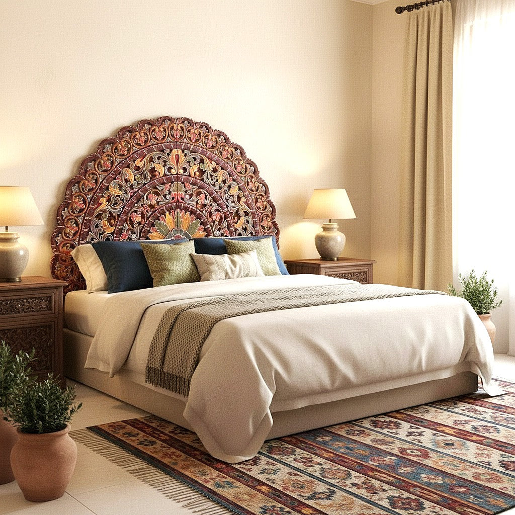 Hand Carved Half-moon Mandala Bed headboard - 'Sri' in Multi Color Red