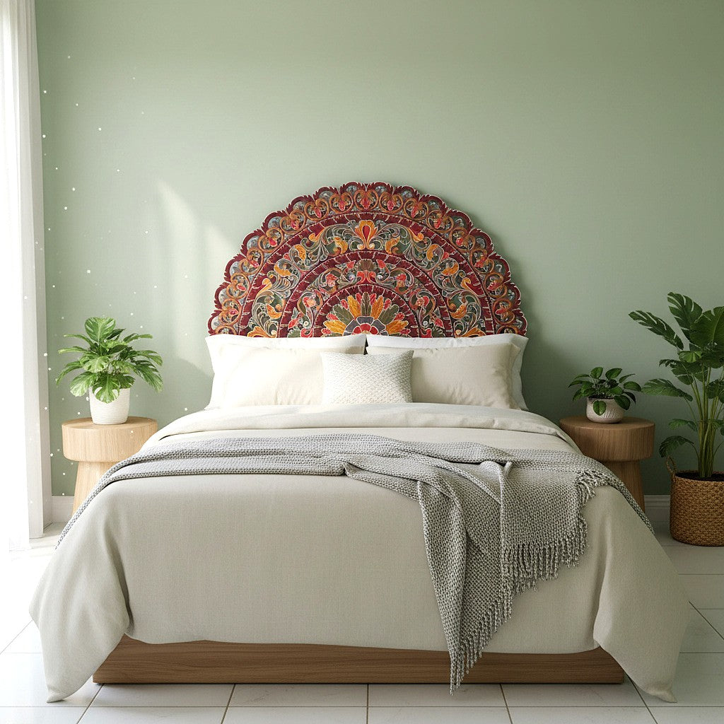 Hand Carved Half-moon Mandala Bed headboard - 'Sri' in Multi Color Red