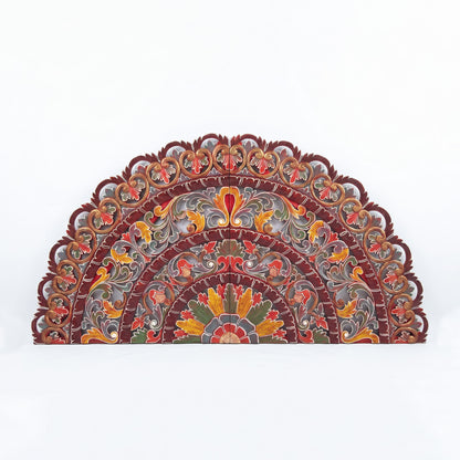 Hand Carved Half-moon Mandala Bed headboard - 'Sri' in Multi Color Red