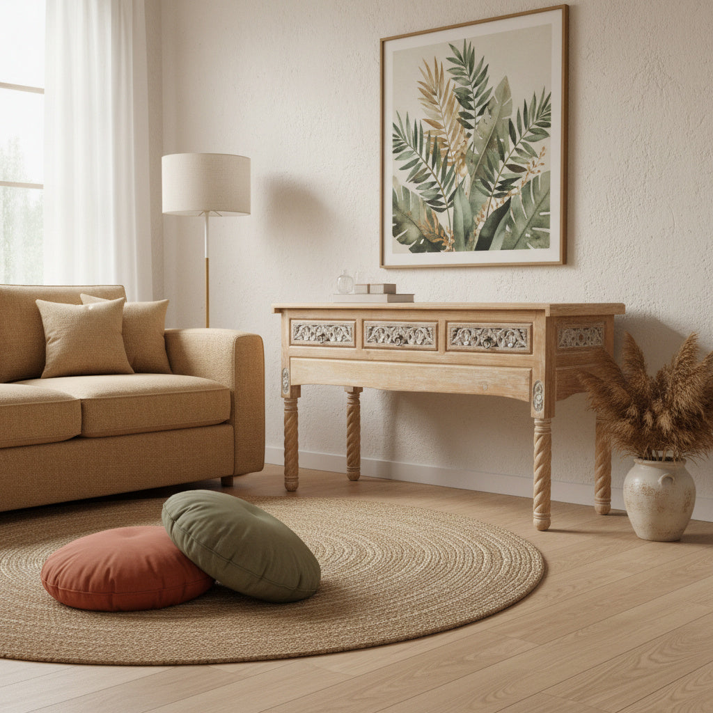 Wooden Carved Console Table "Candra" - Grey & White Wash - 150 cm