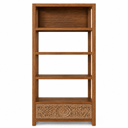 Teak Wood Hand-Carved Bookshelf 'Raksha' – 165 x 91 x 30 - Natural & Antic Wash