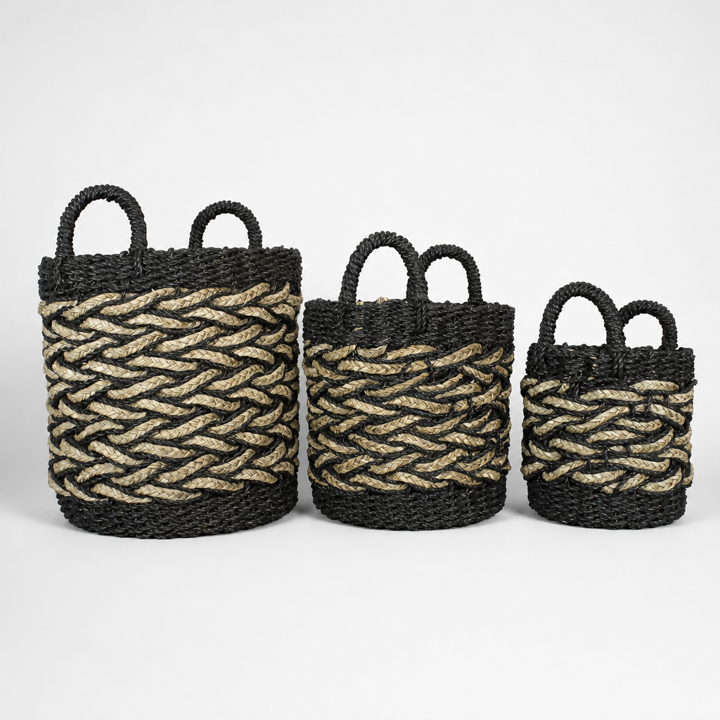 Set of 3 Baskets 'Papua' - Black & Natural
