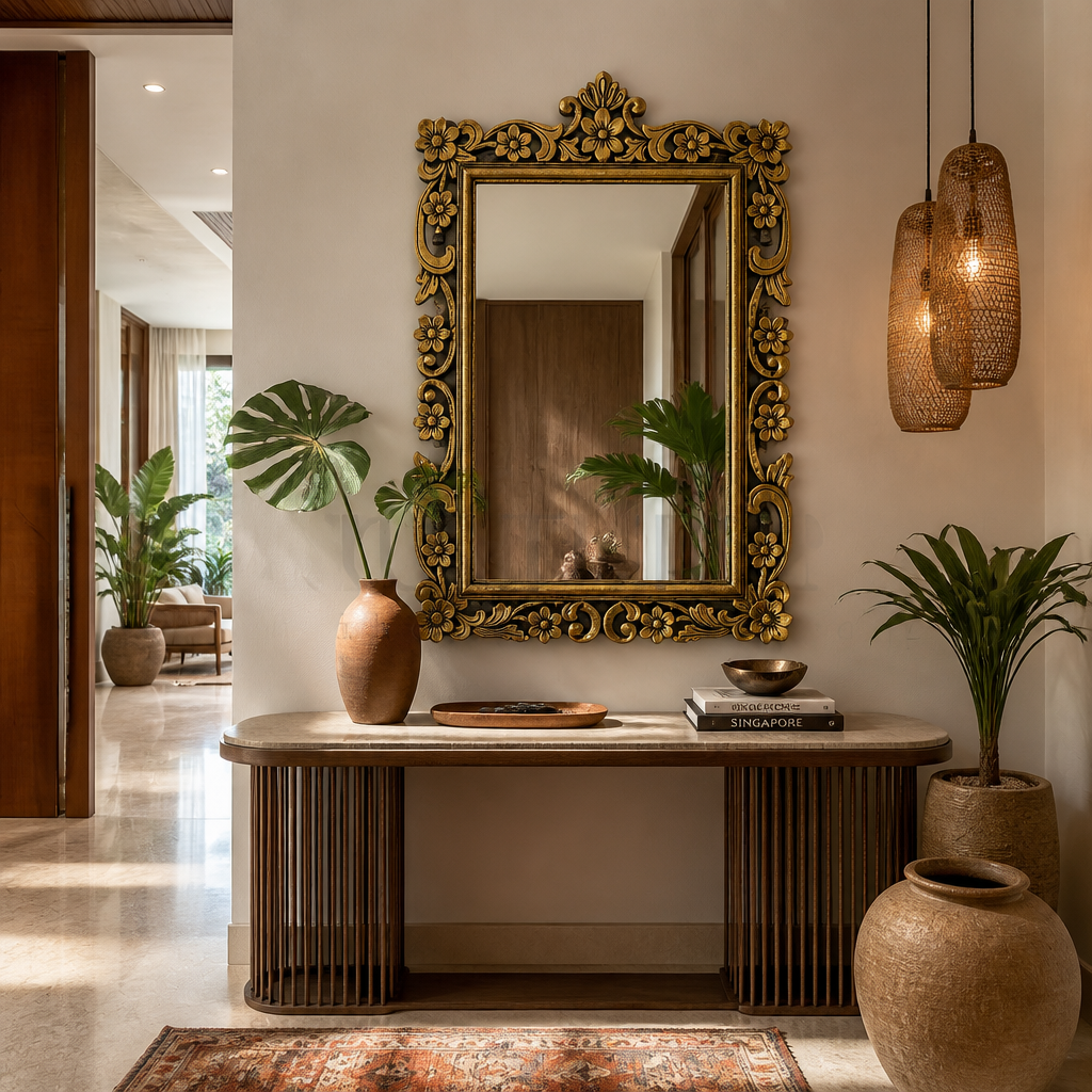 Hand Carved Mirror "Gelora" Gold Wash - 90 cm