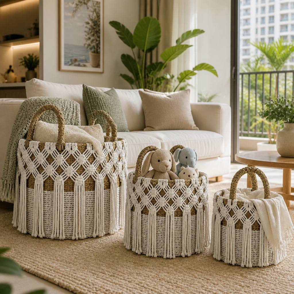 Set of 3 Baskets 'Soera'- White and Natural