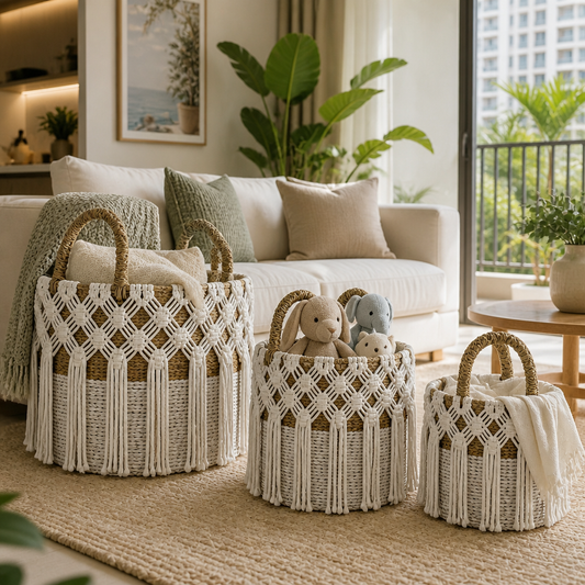 Set of 3 Baskets 'Soera'- White and Natural