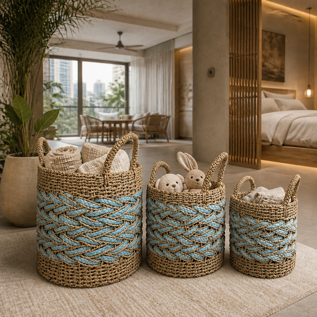 Set of 3 Baskets 'Papua' - Green & Natural