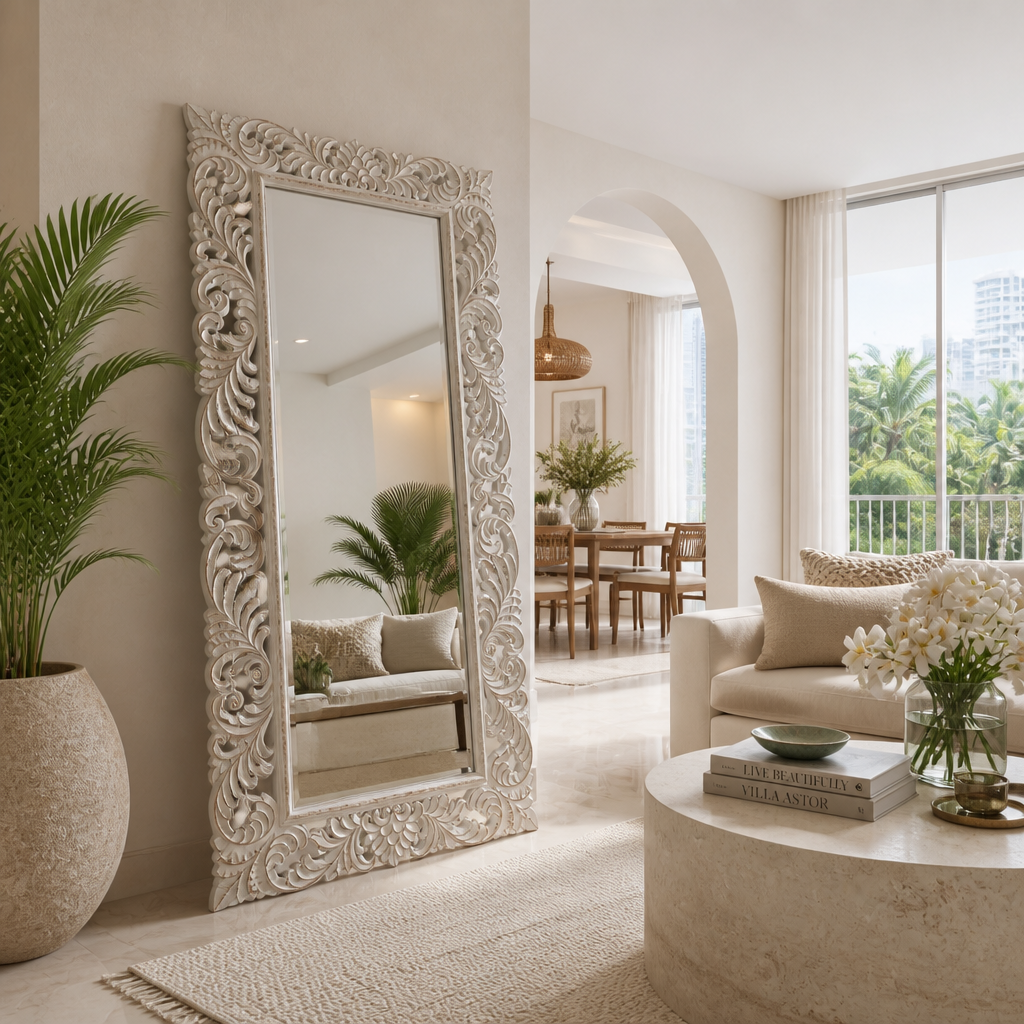 Hand Carved Mirror "Pelangi" in White Wash - 180 x 80 cm