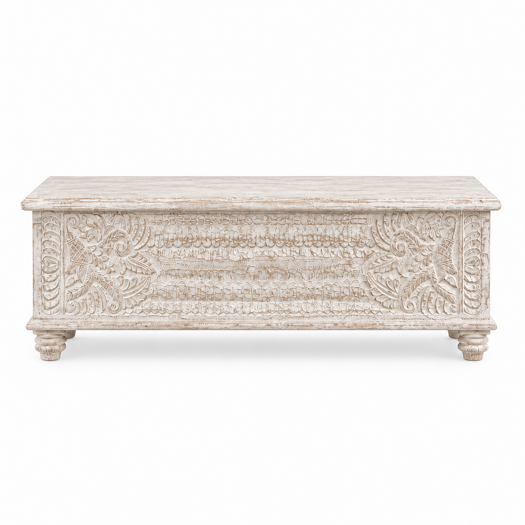 Customised Carved Wood Trunk "Victoria" - White Wash - 152 cm