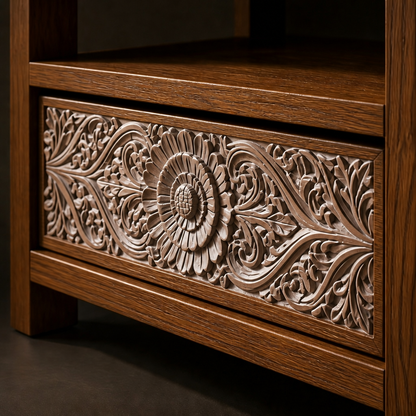 Teak Wood Hand-Carved Bookshelf 'Raksha' – 165 x 91 x 30 - Natural & Antic Wash
