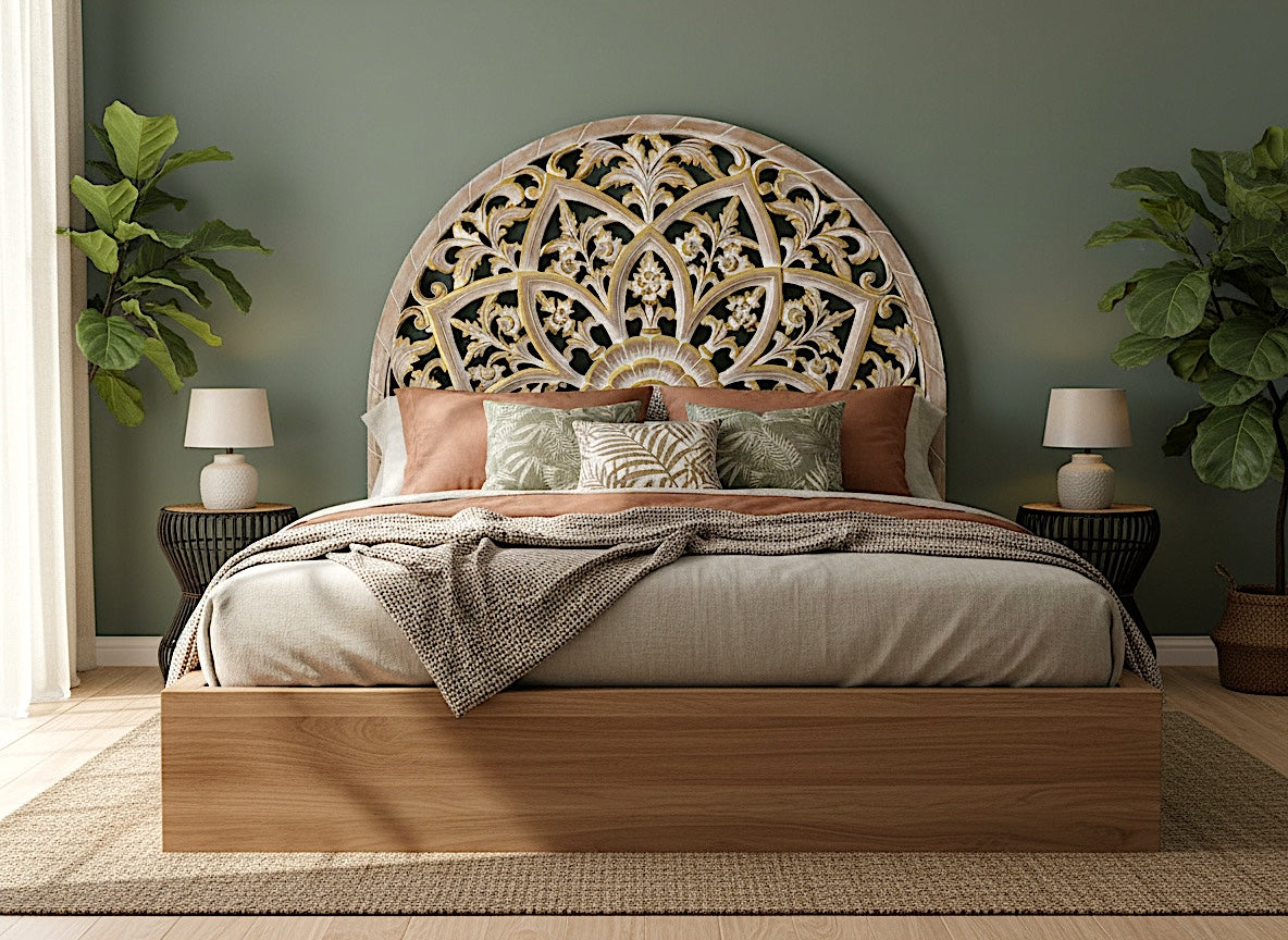 Hand Carved Half-moon Bed headboard 'Bunga' - in Antique Gold