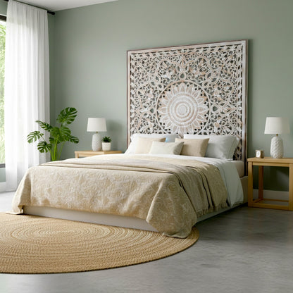 Carved Full Bed Headboard "Raflessia" - Antic-wash
