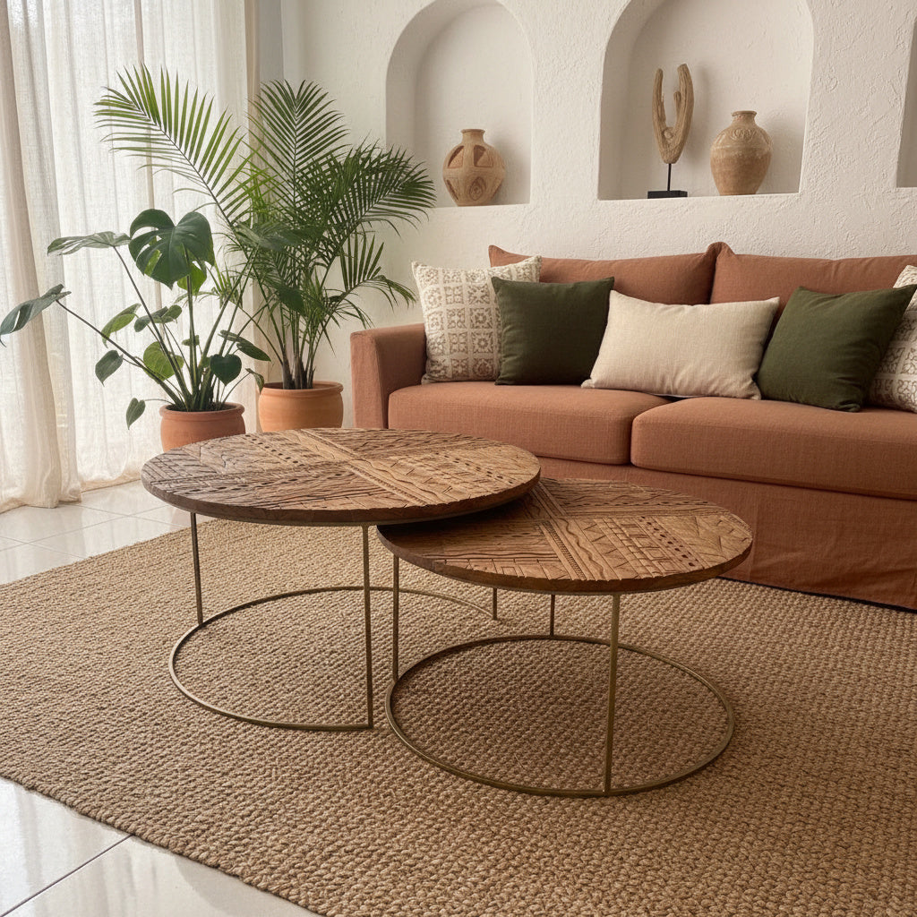 Carved Wooden Nesting Table "Huni" - 80 and 60 cm