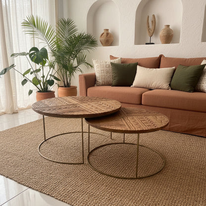 Carved Wooden Nesting Table "Huni" - 80 and 60 cm