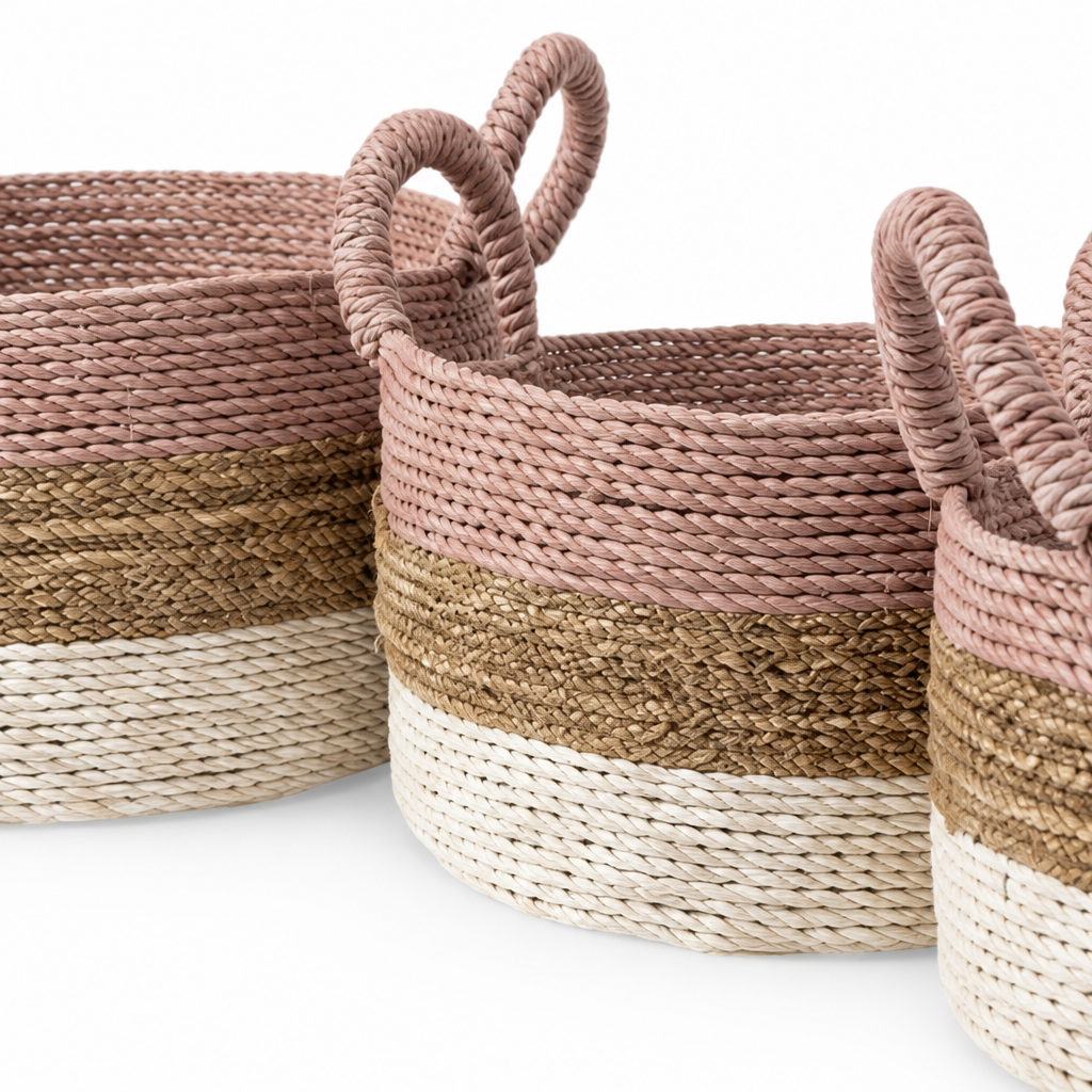 Set of 3 Baskets 'Dewi' - Pink, White and Natural