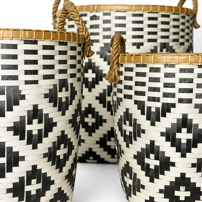Set of 3 Baskets 'Tambang' - Black & Cream