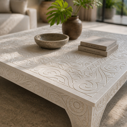 Wooden Hand-Carved Coffee Table “Suku” – White – 90 x 90 cm