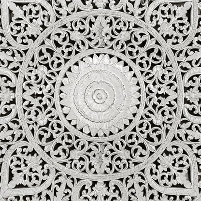 Hand Carved Queen Size Mandala Bed Headboard - 'Umadewi' in White Wash