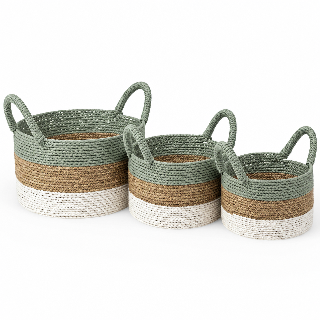 Set of 3 Baskets 'Dewi' - Green, White and Natural