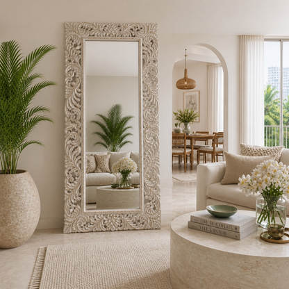 Hand Carved Mirror "Pelangi" in White Wash - 180 x 80 cm