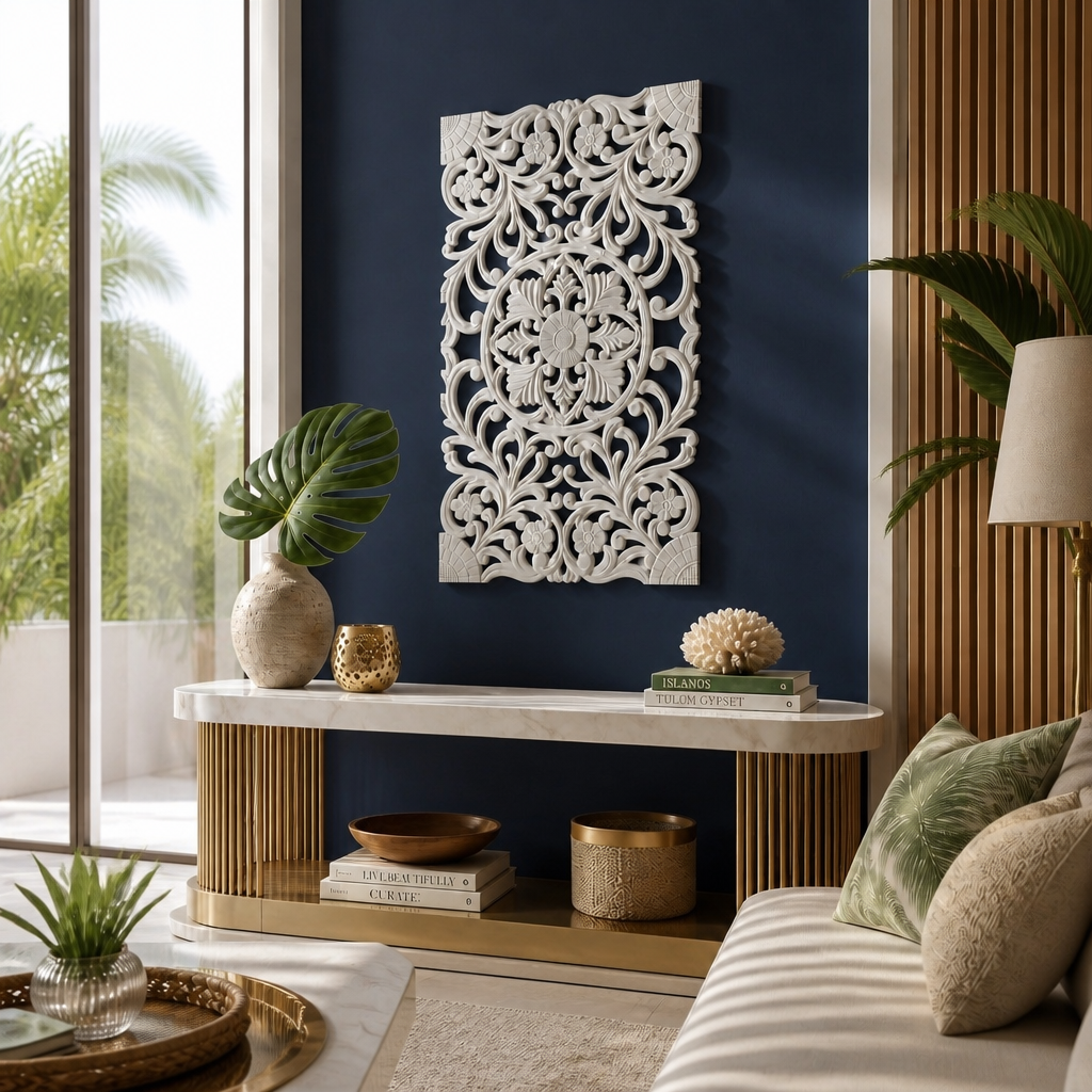 Carved Decorative Panel "Azalea" - White - 100 x 60 cm