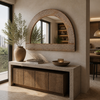 Wooden Carved Mirror Arch "Aruni"  - Natural Wash - 140 x 90 cm