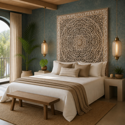 Carved Bed Headboard 'Malawi' - Antique Wash