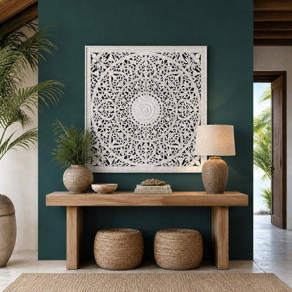 Carved Decorative Panel "Umadewi" in White - 120 x 120 cm