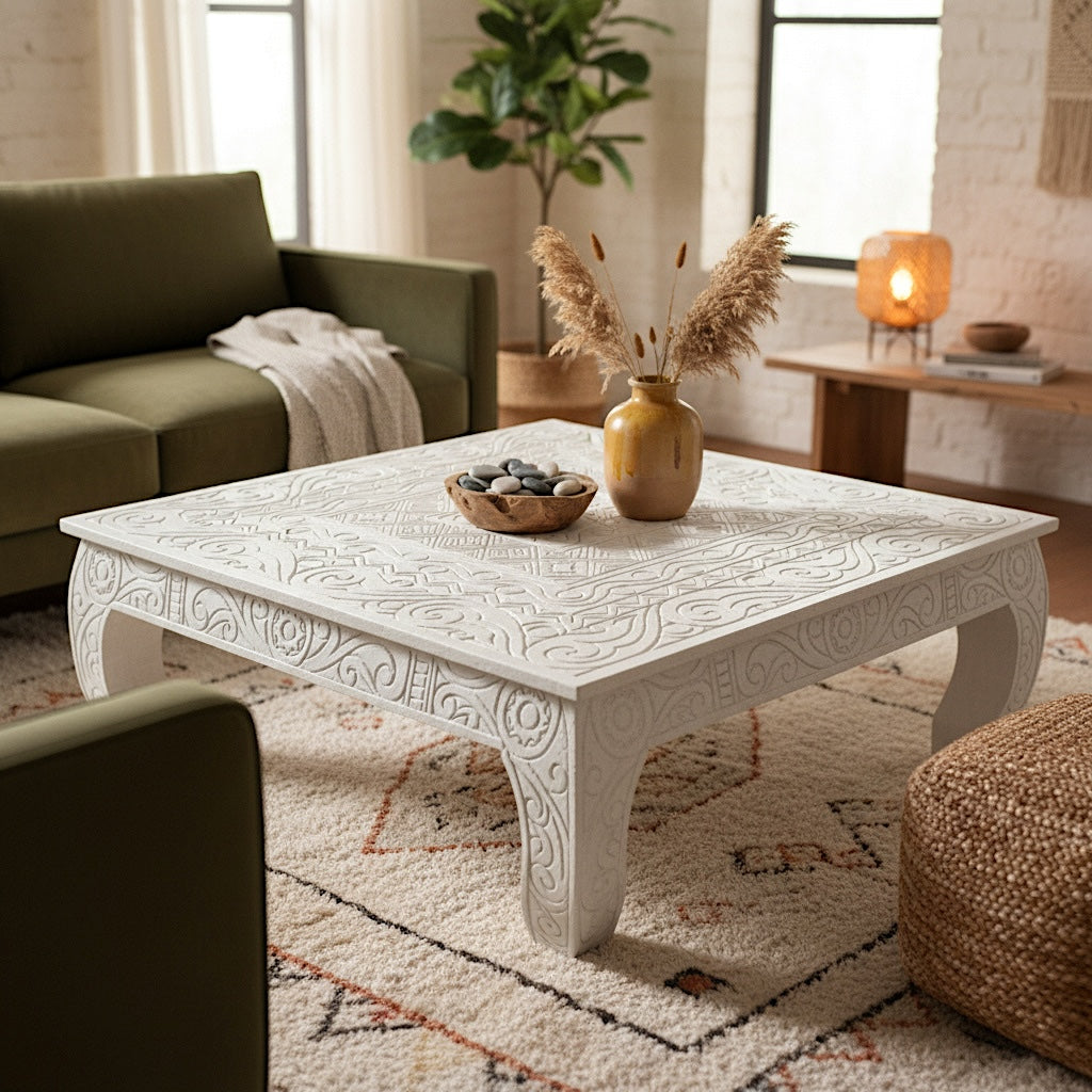Wooden Hand-Carved Coffee Table “Suku” – White – 90 cm