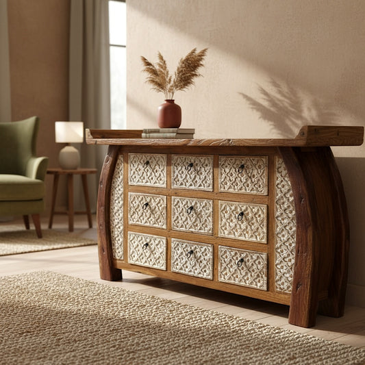 9-Drawer Wooden Carved Console Table “Nashmia” – 170 cm