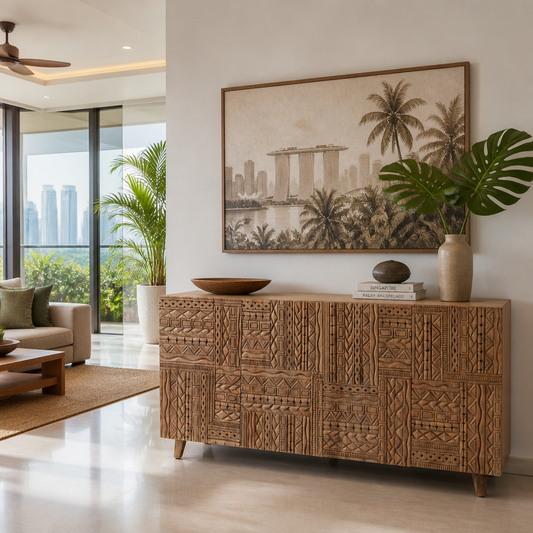 Wooden Carved Sideboard Console Cabinet "Nusantara" - Natural - 180 cm