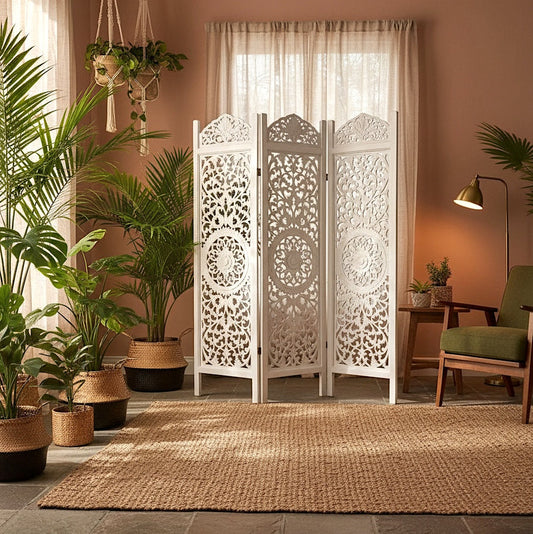Carved Room Divider "Rembulan" 170 cm - White Wash
