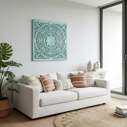 Carved Decorative Panel "Peony" in Green Wash - 110 x 110 cm