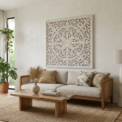 Carved Decorative Panel "Ceningan" - White Wash - 100 x 100 cm
