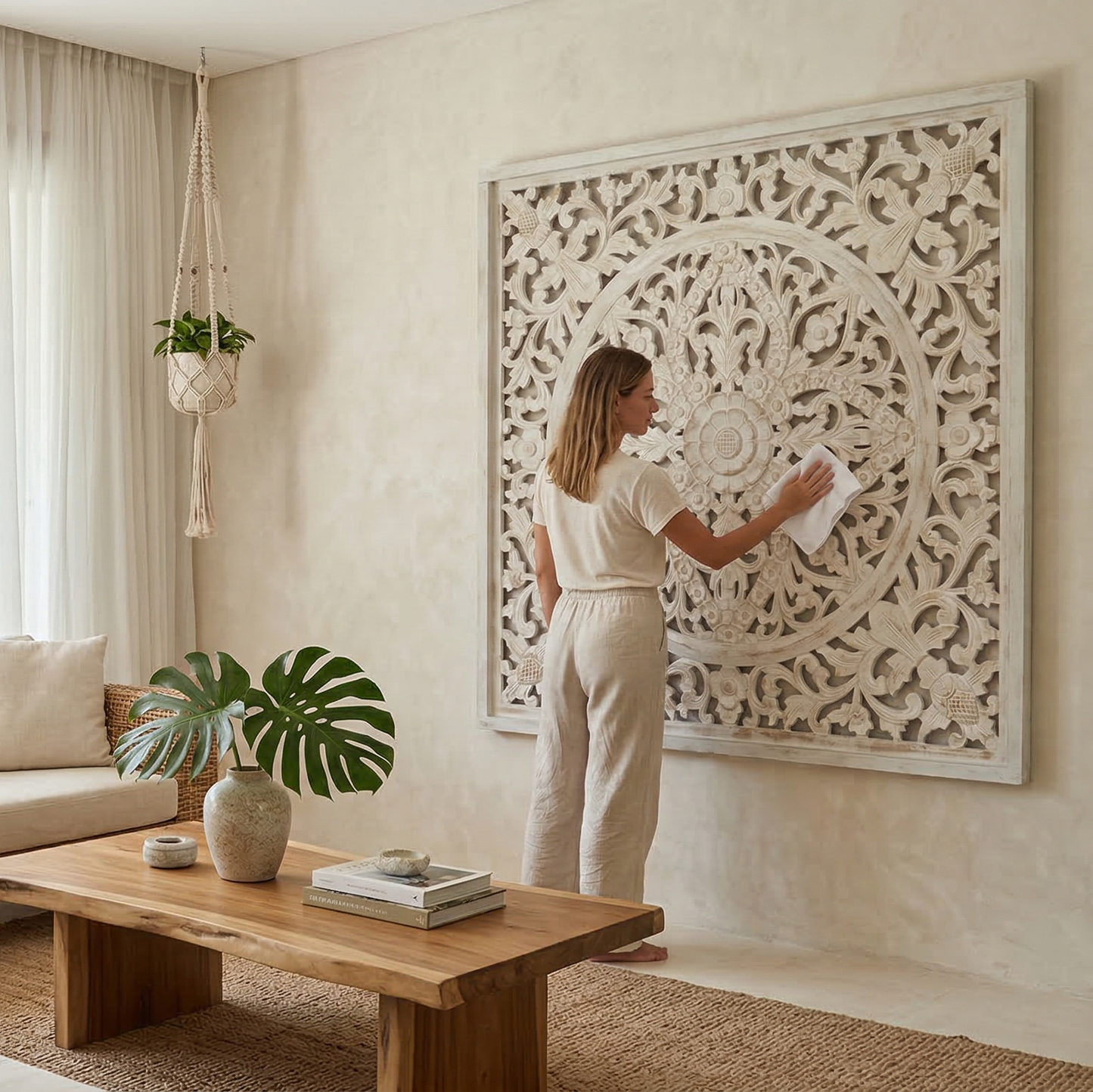 Carved Decorative Panel "Ceningan" - White Wash - 100 x 100 cm