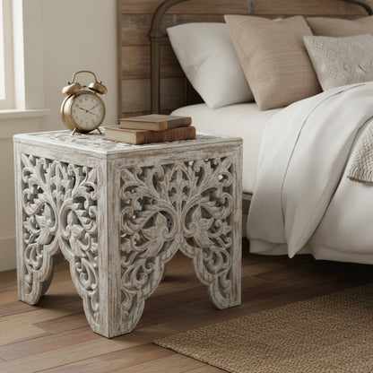 Carved Bedside Table "Ratu" - Antic Wash