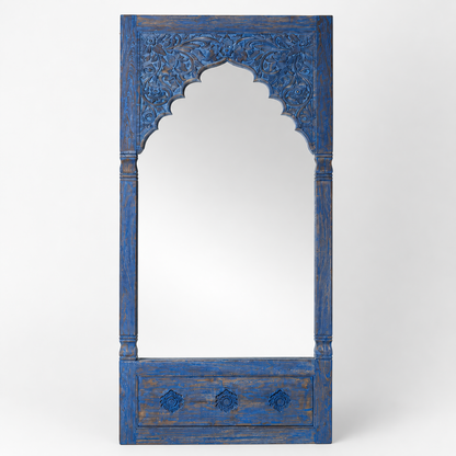 Hand Carved Wooden Mirror 'Vimala' - Distressed Blue - 200 x 100 cm