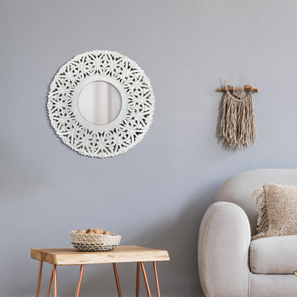 Hand Carved Mirror "Wanasari" White Wash - 70 cm