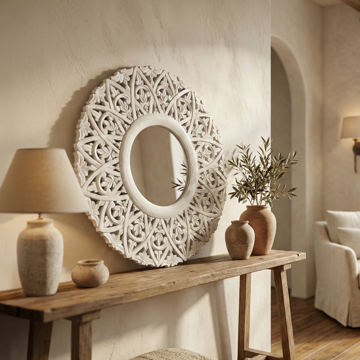Hand Carved Mirror "Wanasari" in White Wash - 70 cm