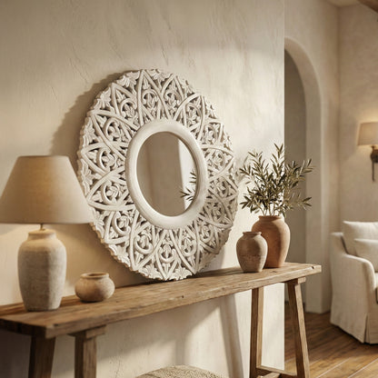 Hand Carved Mirror "Wanasari" in White Wash - 70 cm