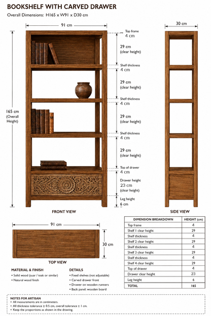 Teak Wood Hand-Carved Bookshelf 'Raksha' – 165 x 91 x 30 - Natural & Antic Wash