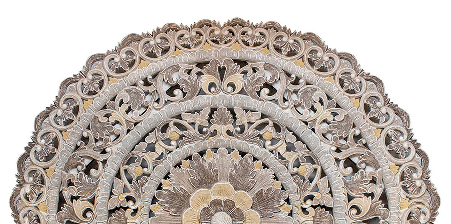 Hand Carved Half-moon Mandala Bed headboard - 'Sri' in Multi Color Brown